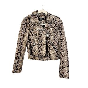 Coffee Shop Faux Snakeskin Leather Moto Belted Jacket